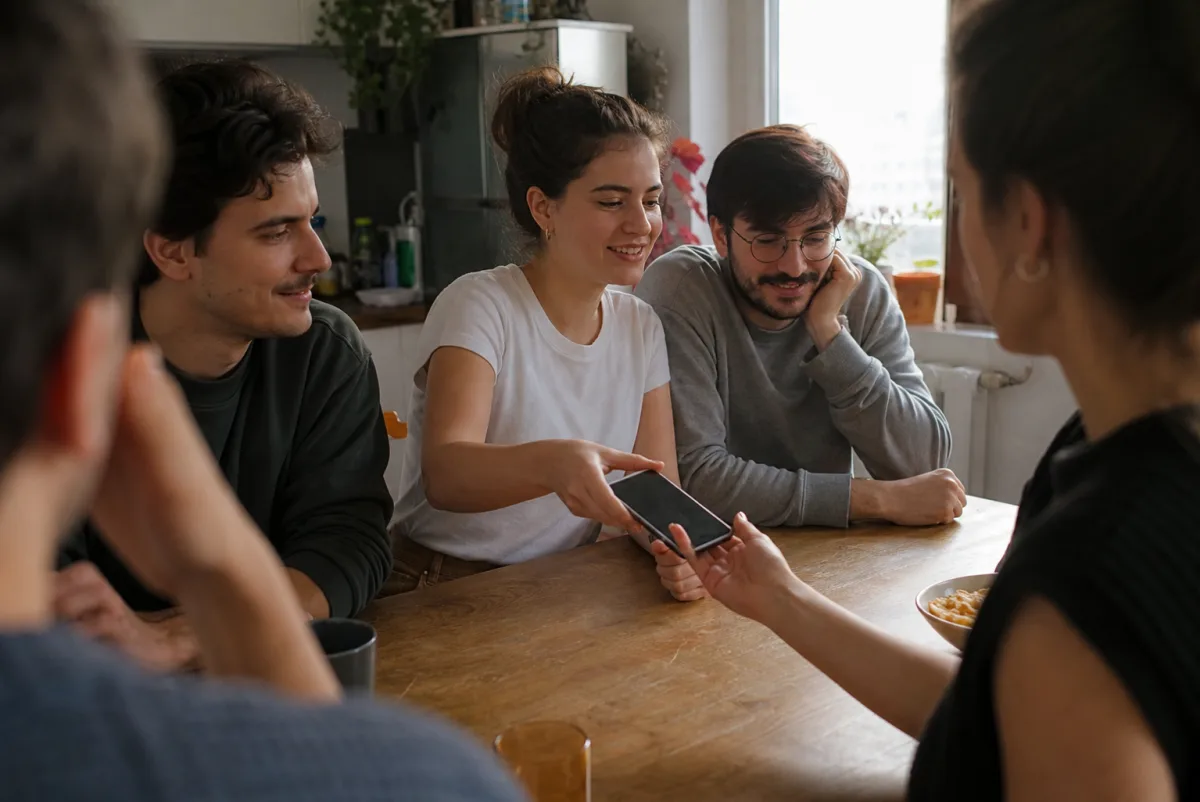 Tineri români privesc pe rând un telefon