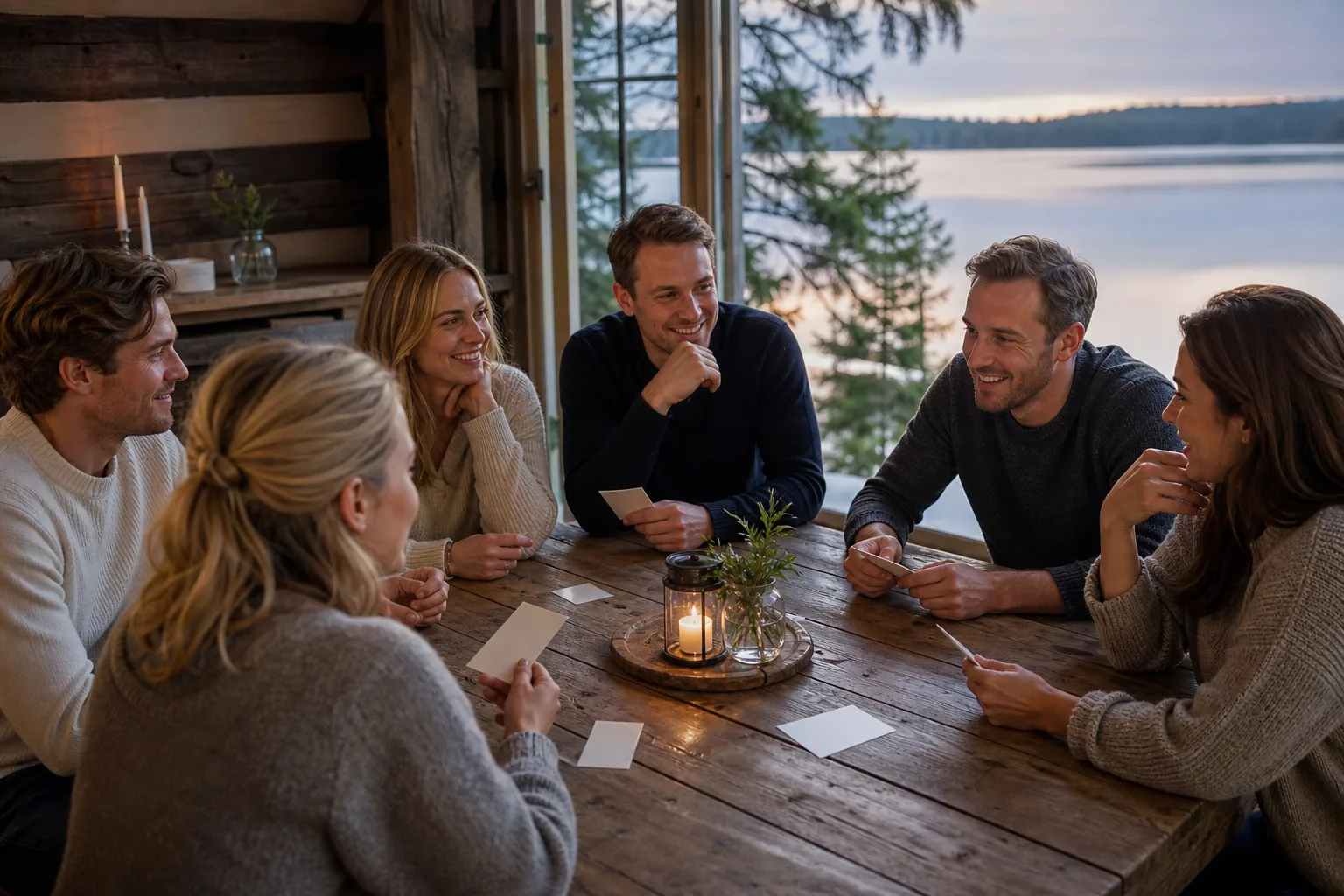 Vänner samlas kring RoomPlay på en telefon