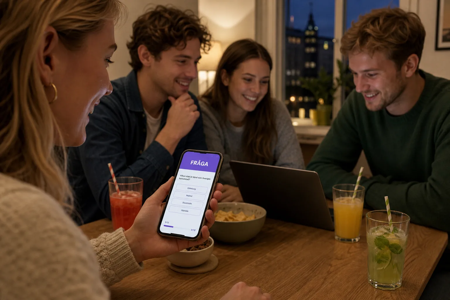 Vuxna svenska vänner spelar ett digitalt quiz på en mobil