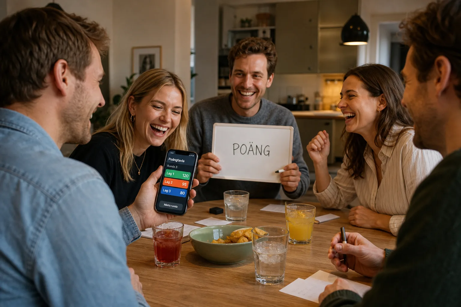 Svenska vänner räknar poäng i en rolig quizrunda