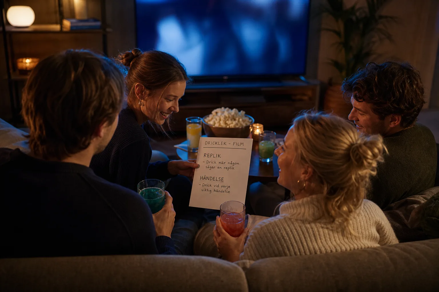 Vuxna vänner tittar på film och spelar en regelrunda