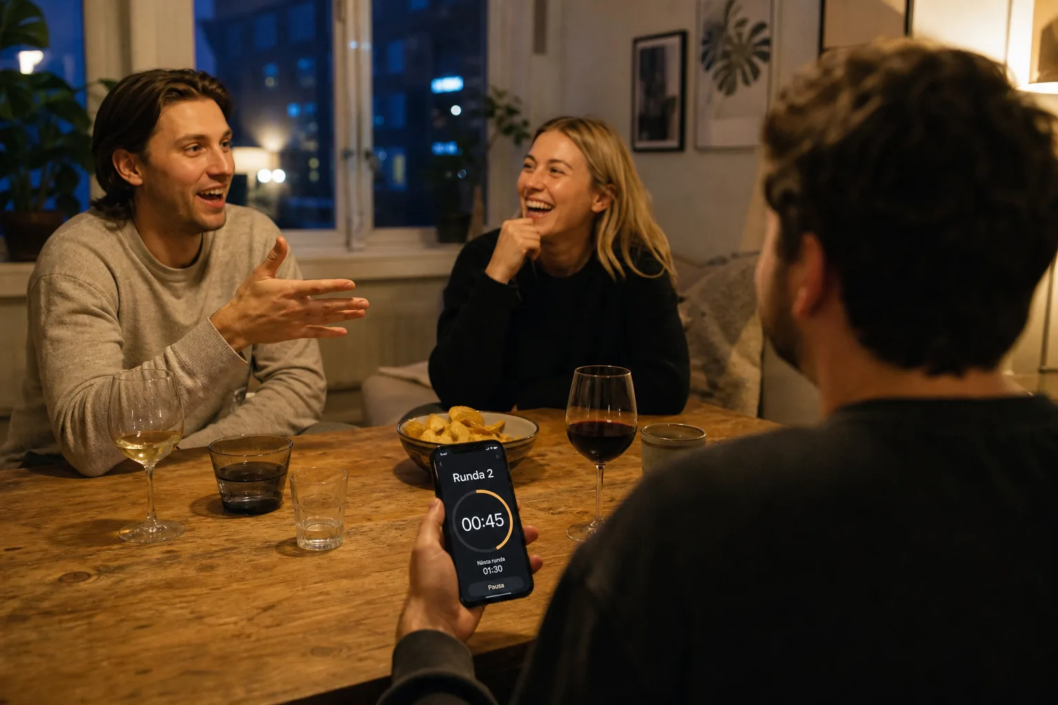 Vuxna vänner spelar en muntlig lek i ett svenskt vardagsrum
