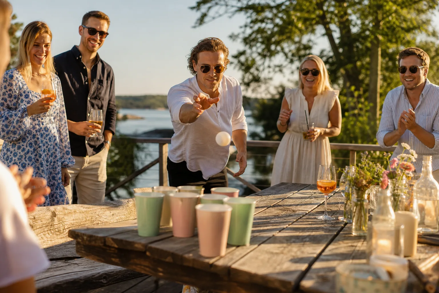 Vuxna vänner spelar ett kastspel på en svensk sommarkväll
