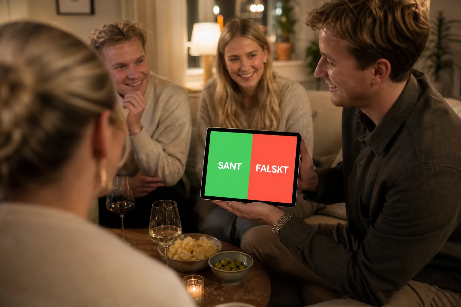 Vänner ser facit på en surfplatta under en spelkväll