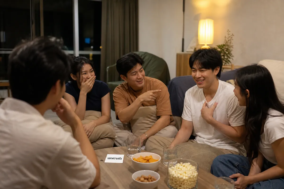 กลุ่มเพื่อนชาวไทยหัวเราะกับคำถาม Truth or Dare