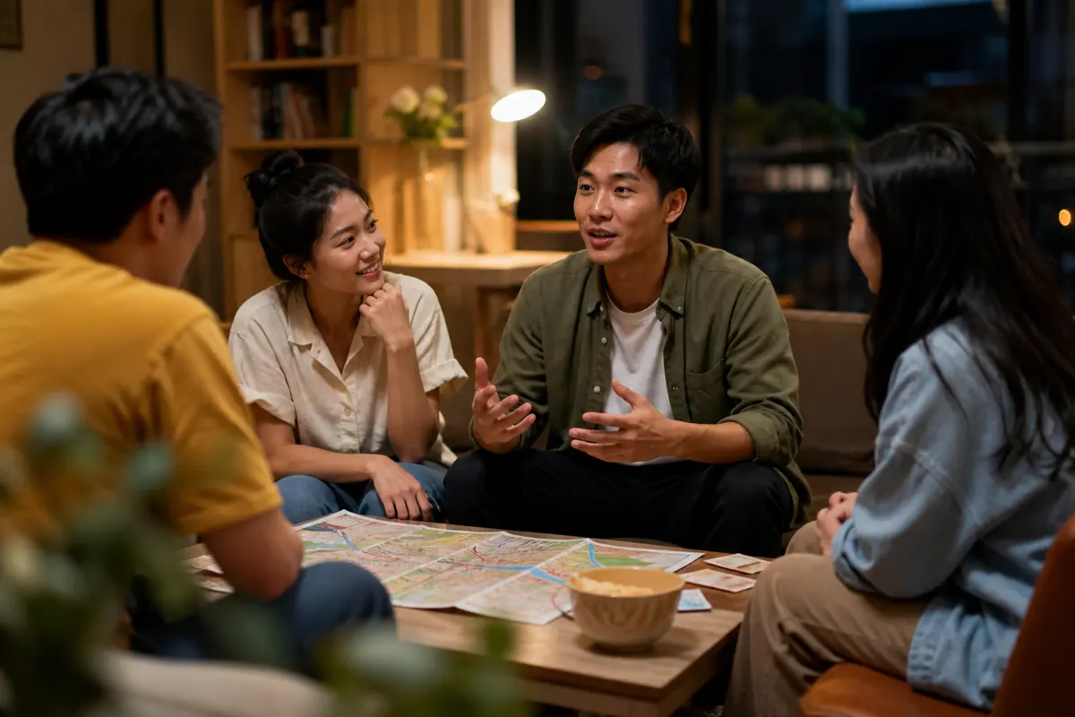 一群朋友圍坐分享旅遊故事