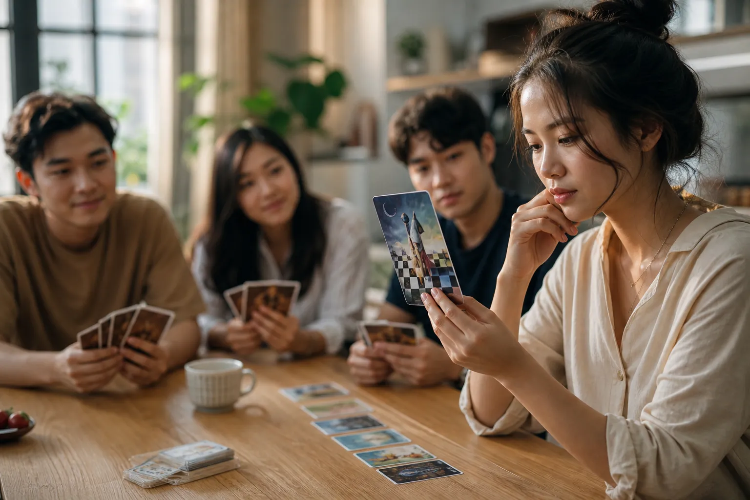 Một người kể chuyện suy nghĩ trước các thẻ tranh Dixit