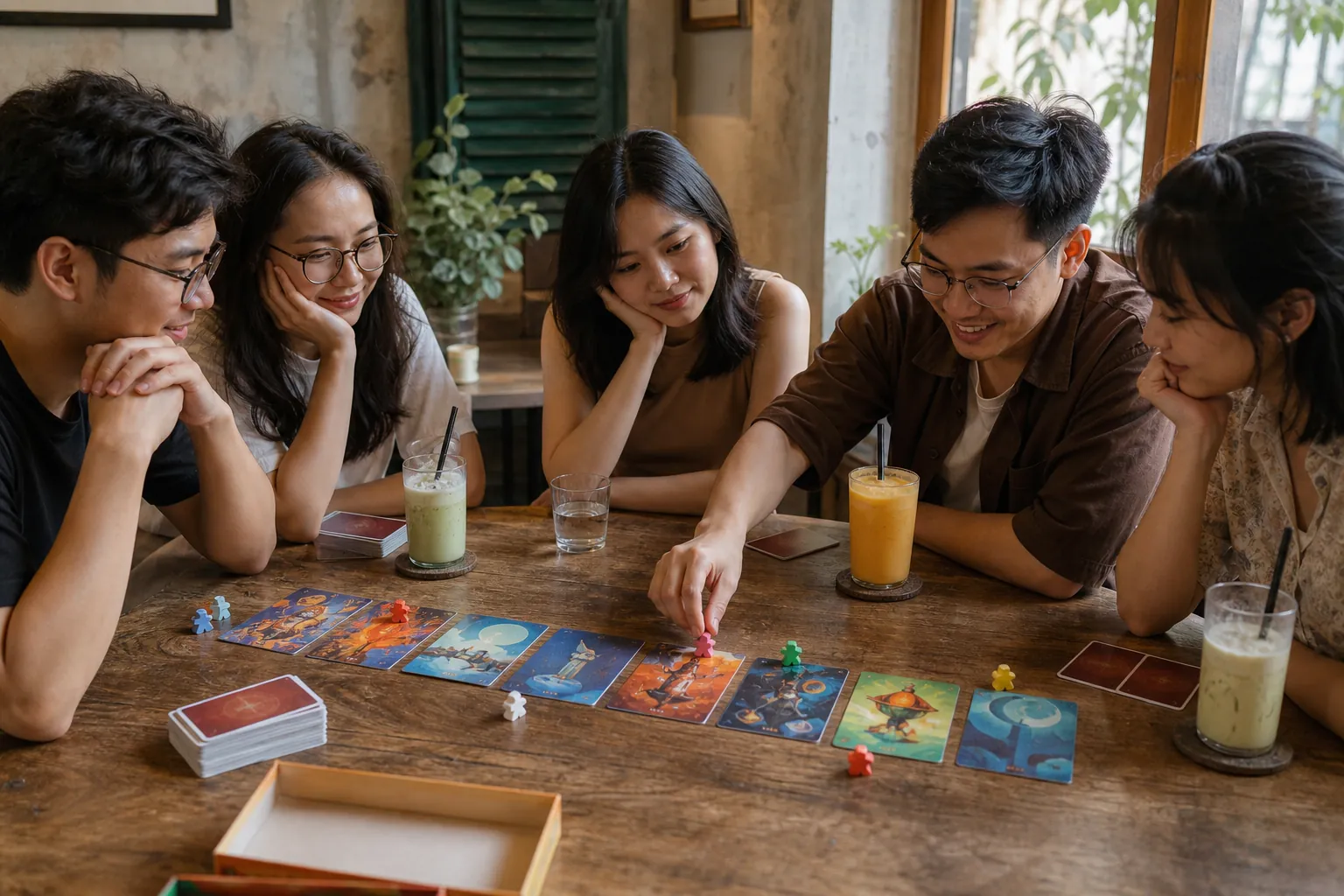 Các thẻ tranh Dixit được lật thành một hàng để đoán