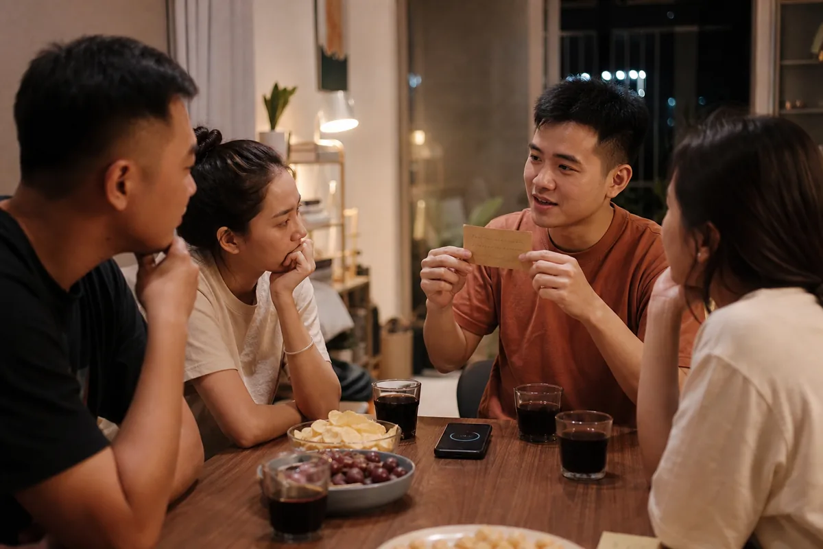 Người dẫn Việt Nam đọc câu đố cho bạn bè