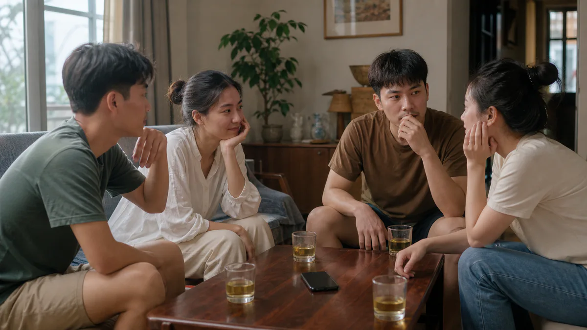 Bạn bè ngồi thành vòng tròn chơi game từ khóa