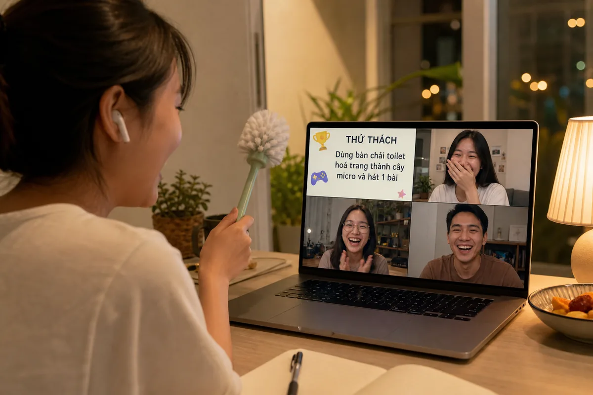 Nhóm bạn Việt Nam cười trong buổi game online
