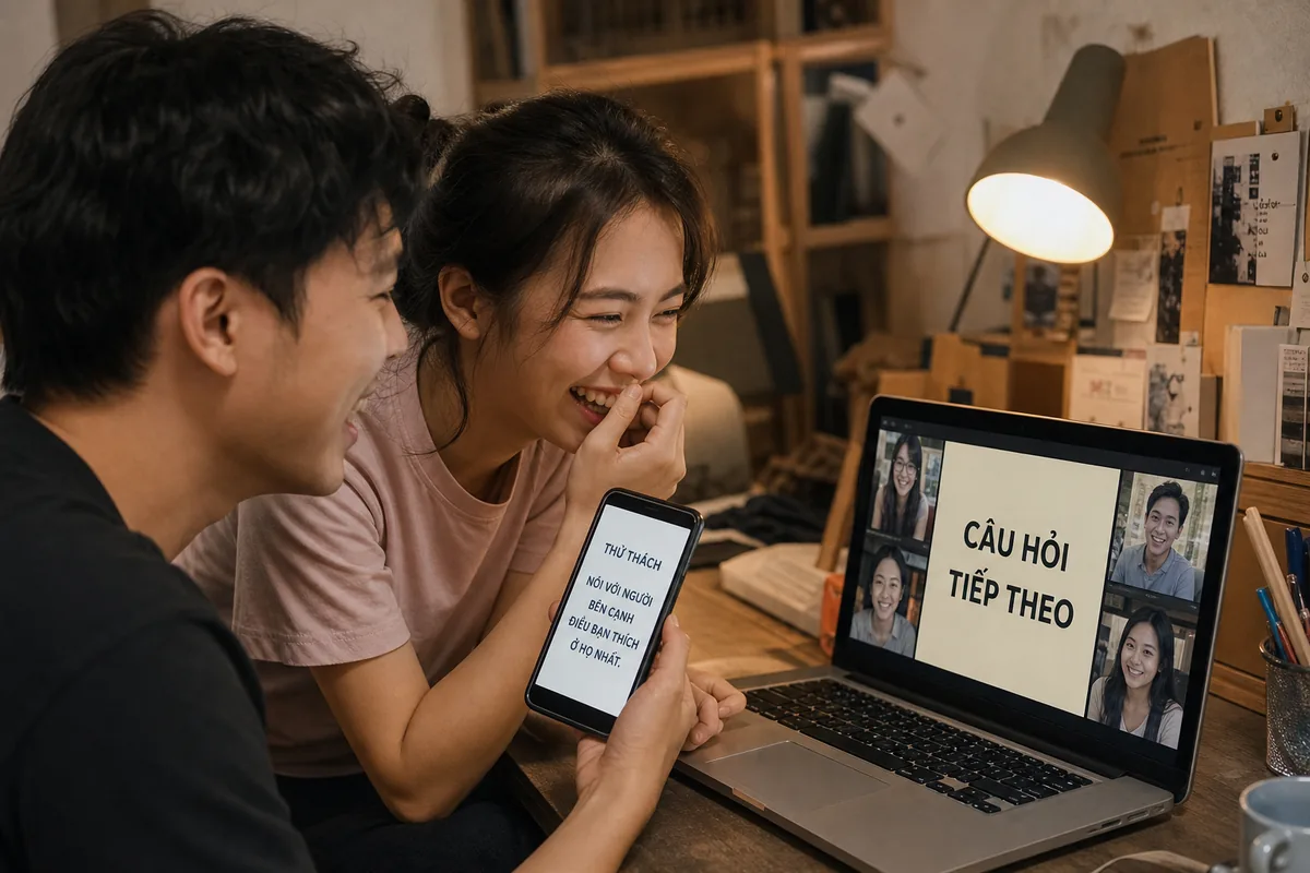 Hai người bạn cười khi đọc câu hỏi game